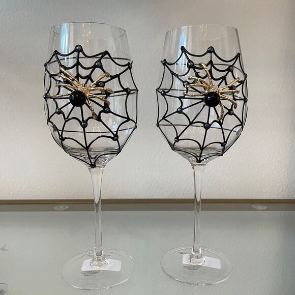 Gorgeous Halloween Jeweled Spider on Web with Pearl Wine Glass Set of 2 NEW - Picture 13 of 15